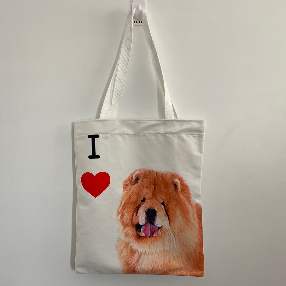 Canvas Tote Bag. Artistic Dog Design. White with Red Heart